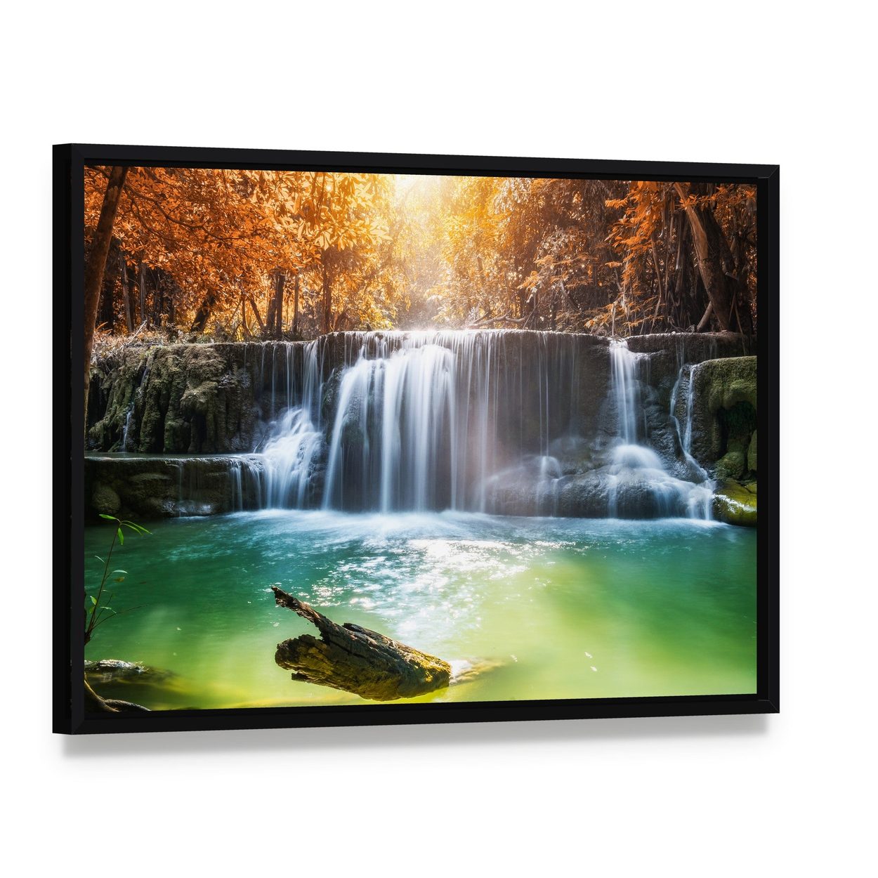 Tropical Rainforest Waterfall Canvas Wall Art, framed canvas in a black floater frame, angled product view