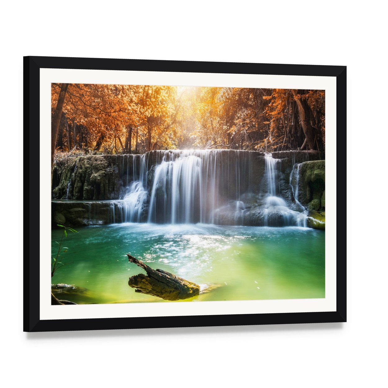 Tropical Rainforest Waterfall Canvas Wall Art, framed print with white mat and black frame, angled product view