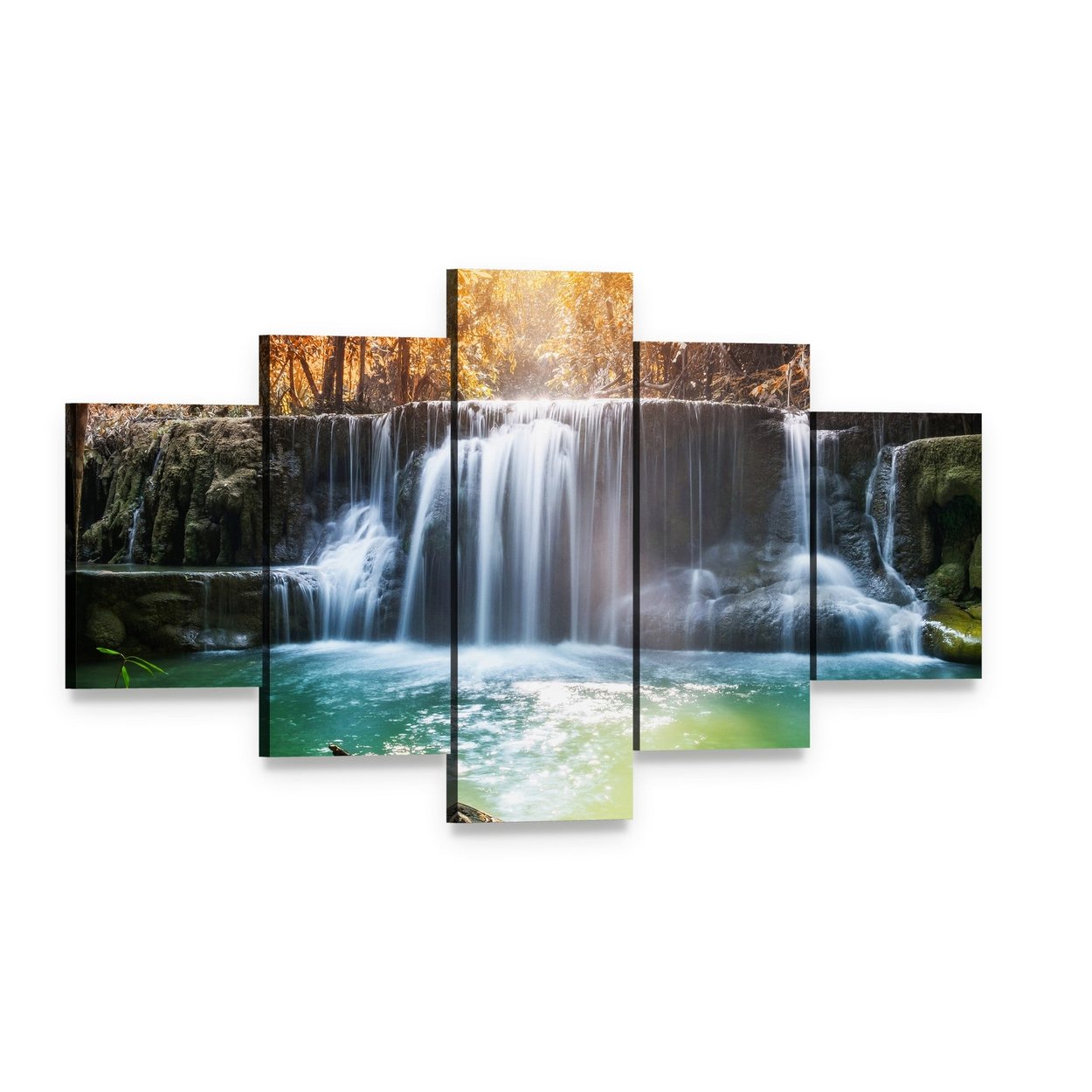 Tropical Rainforest Waterfall Canvas Wall Art, 5 panel 5 Star layout gallery wrapped canvas set, angled product view
