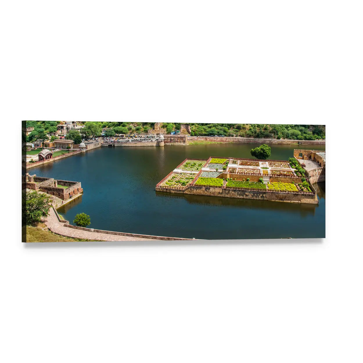 Maota Lake and Kesar Kyari Garden View Panoramic Canvas Wall Art, single panel gallery wrapped canvas, angled product view