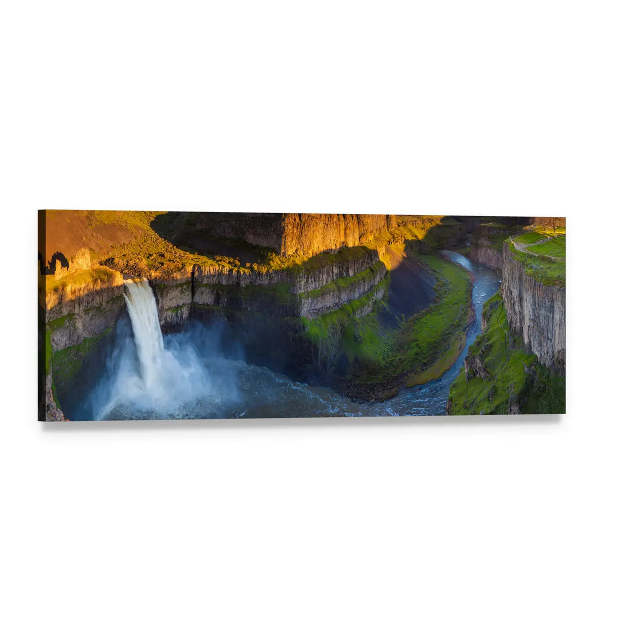 Palouse Falls Waterfall in Golden Light Panoramic Canvas Wall Art, single panel gallery wrapped canvas, angled product view
