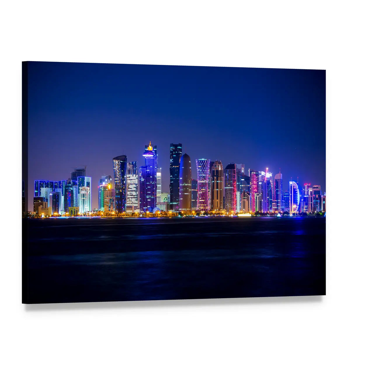 Doha Skyscrapers at Night Canvas Wall Art, single panel gallery wrapped canvas, angled product view