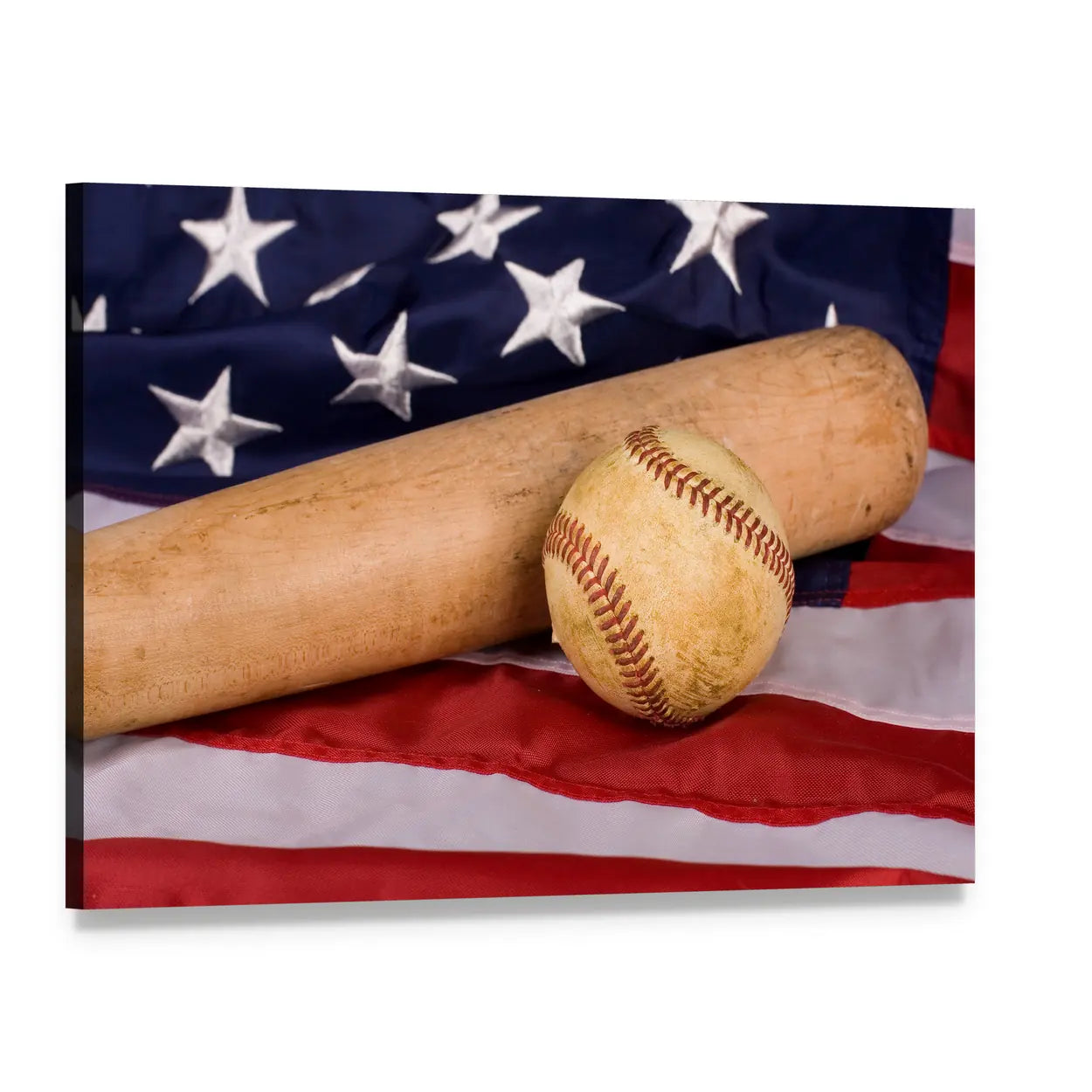 Baseball and Bat on American Flag Canvas Wall Art, single panel gallery wrapped canvas, angled product view