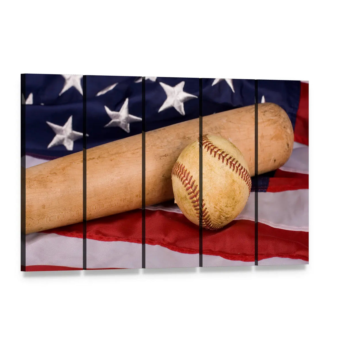 Baseball and Bat on American Flag Canvas Wall Art, 5 panel 5 Horizontal layout gallery wrapped canvas set, angled product view
