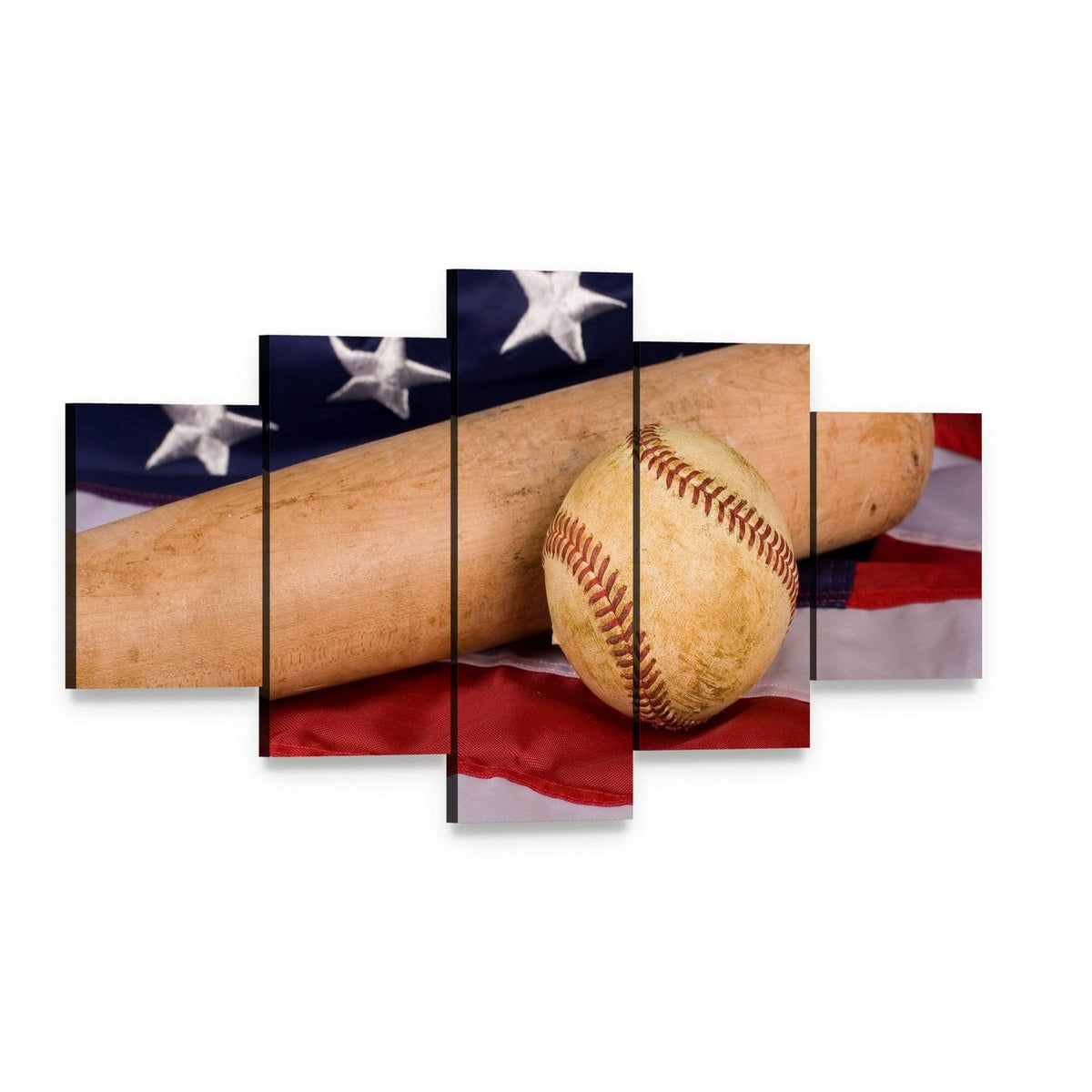 Baseball Bat with American Flag Canvas Wall Art, 5 panel 5 Star layout gallery wrapped canvas set, angled product view