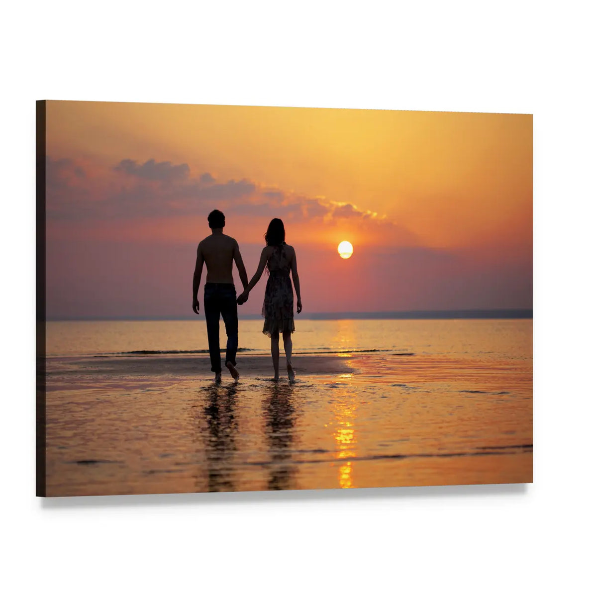Barefoot Couple Silhouette at Sunset Canvas Wall Art, single panel gallery wrapped canvas, angled product view