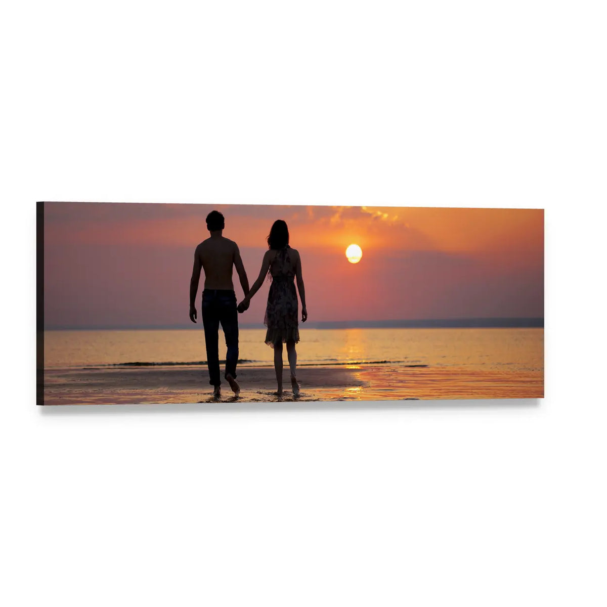 Couple Holding Hands at Sunset Panoramic Canvas Wall Art, single panel gallery wrapped canvas, angled product view