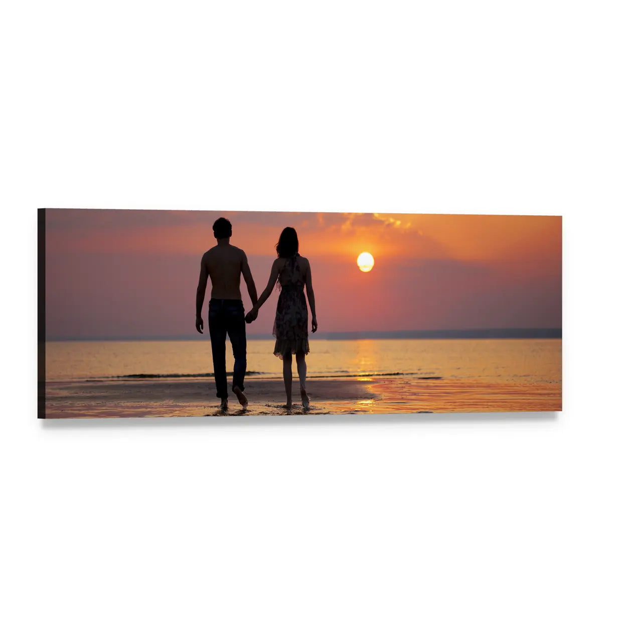 Couple Holding Hands at Sunset Panoramic Canvas Wall Art, single panel gallery wrapped canvas, angled product view