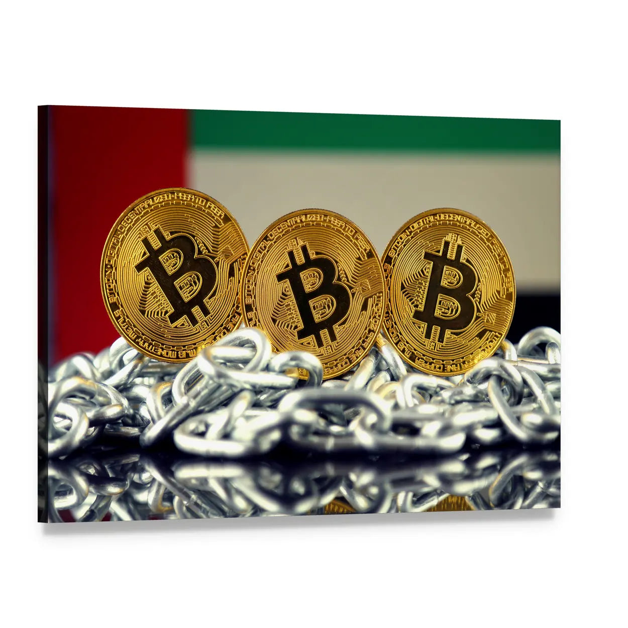 Three Bitcoin Coins with Chains and Uae Flag Canvas Wall Art, single panel gallery wrapped canvas, angled product view