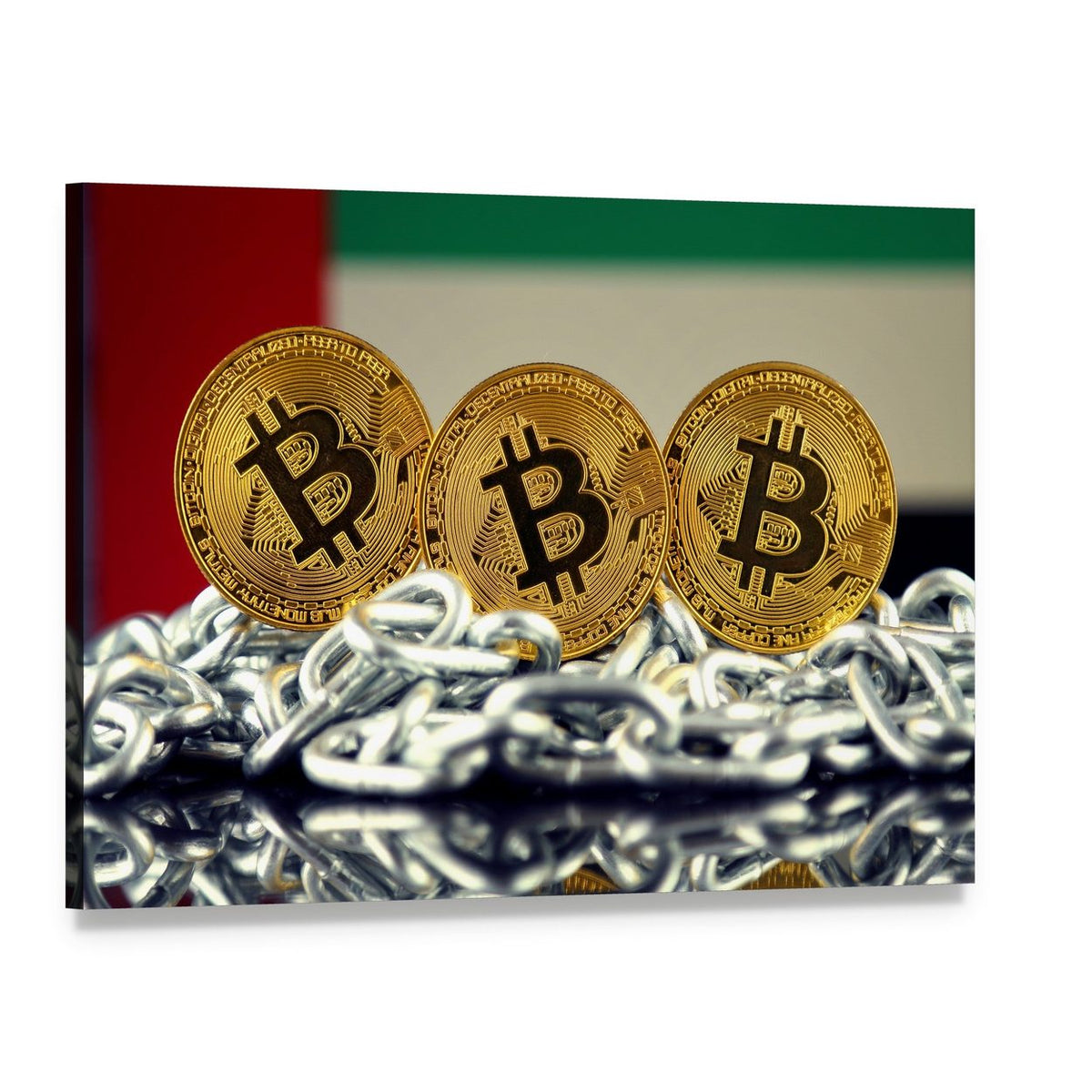 Banned Bitcoin with Uae Flag and Chains Canvas Wall Art, single panel gallery wrapped canvas, angled product view