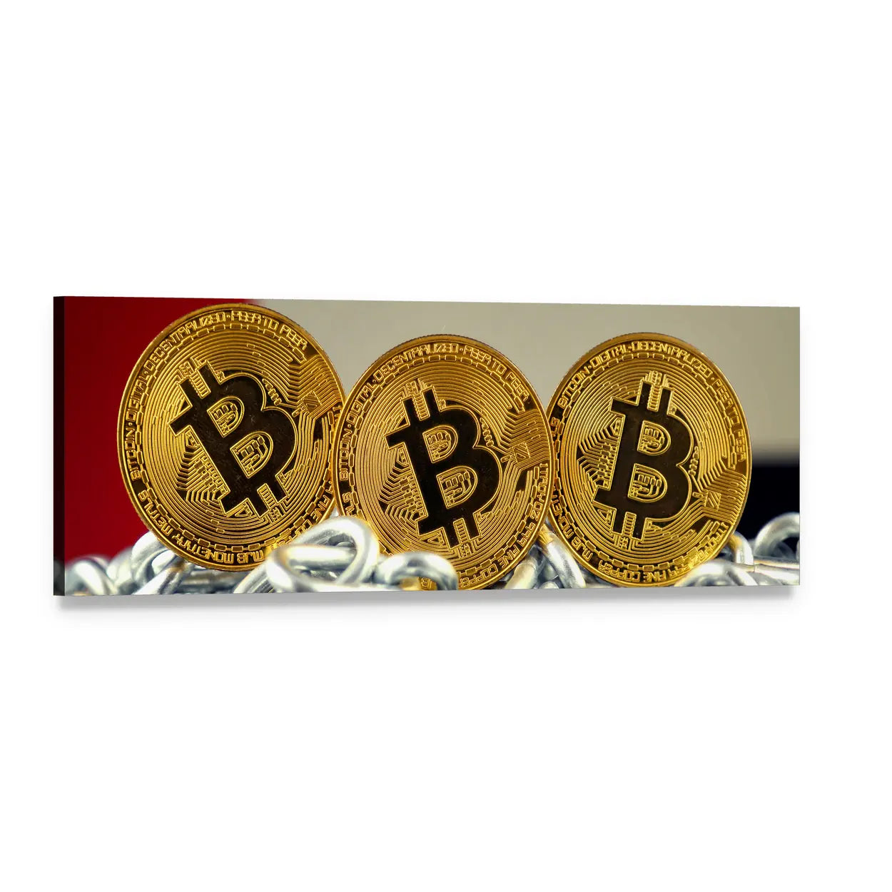 Three Golden Bitcoin Coins on Chains Panoramic Canvas Wall Art, single panel gallery wrapped canvas, angled product view