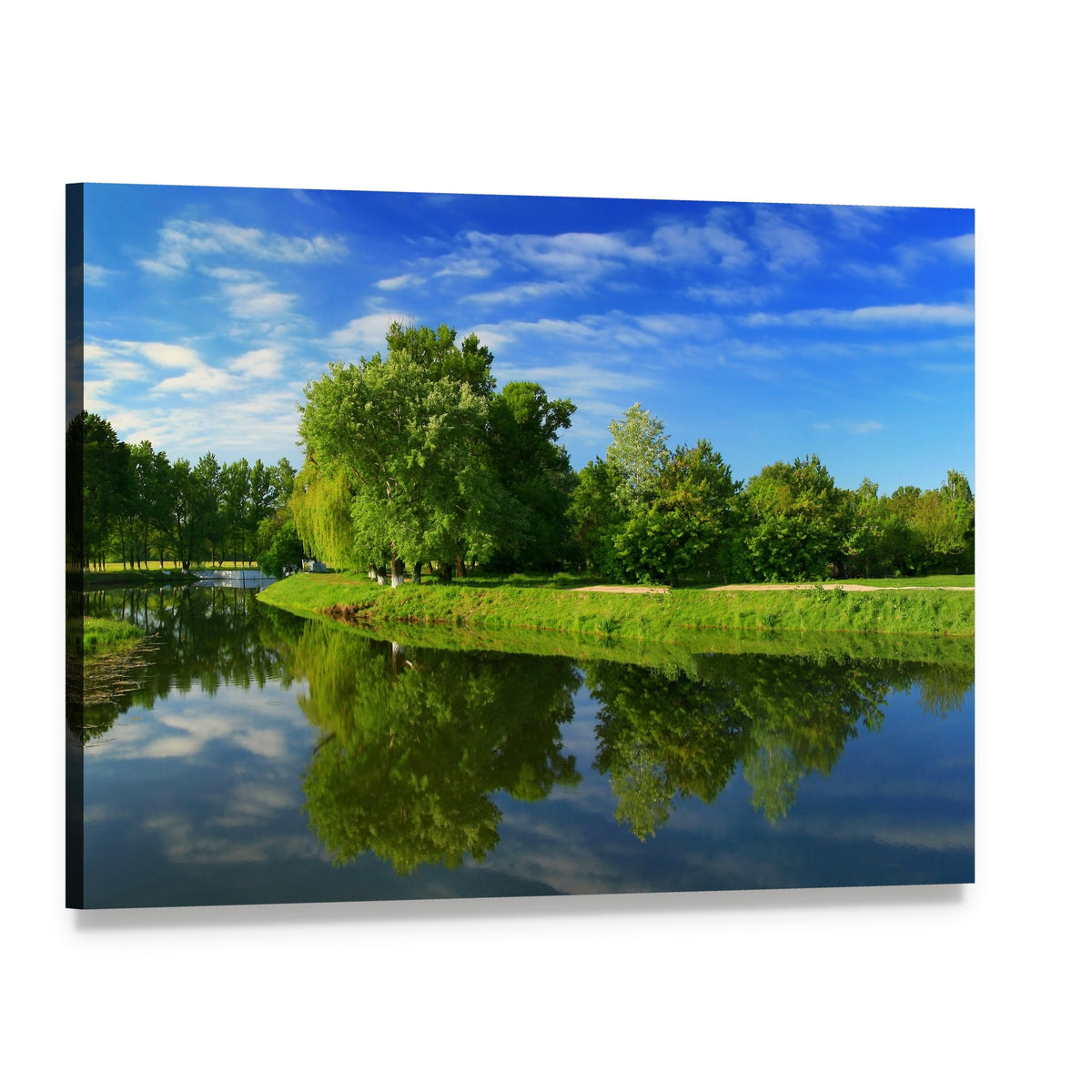 Green Fields with Lake Canvas Wall Art, single panel gallery wrapped canvas, angled product view