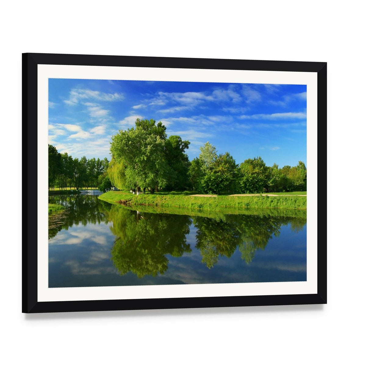 Green Fields with Lake Canvas Wall Art, framed print with white mat and black frame, angled product view