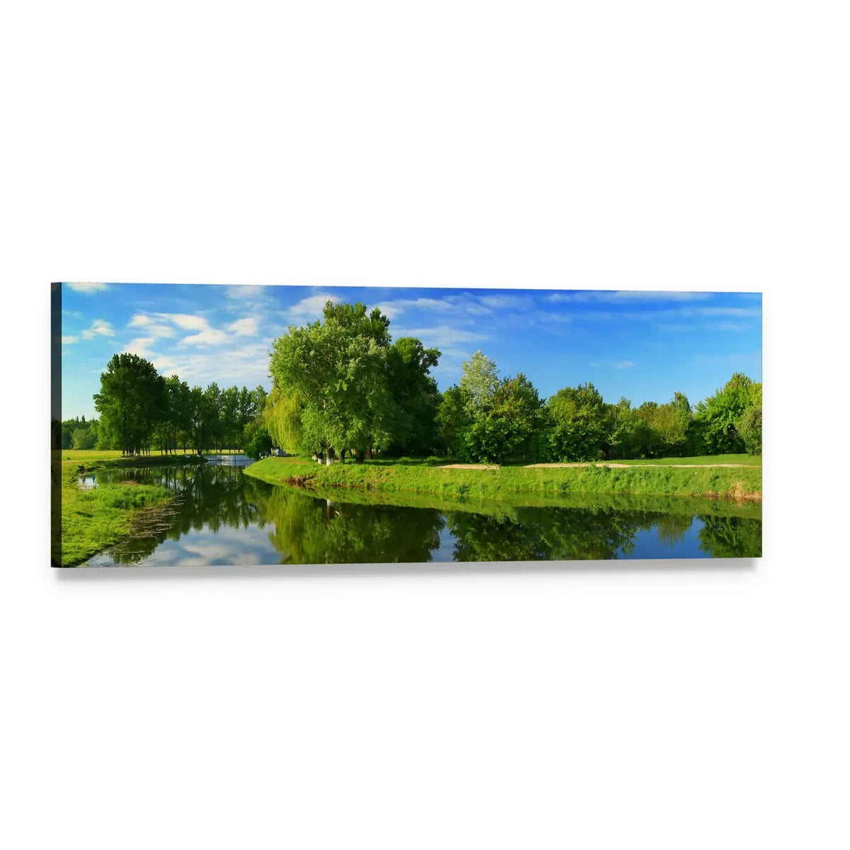 Green Fields and Lake Panoramic Canvas Wall Art, single panel gallery wrapped canvas, angled product view
