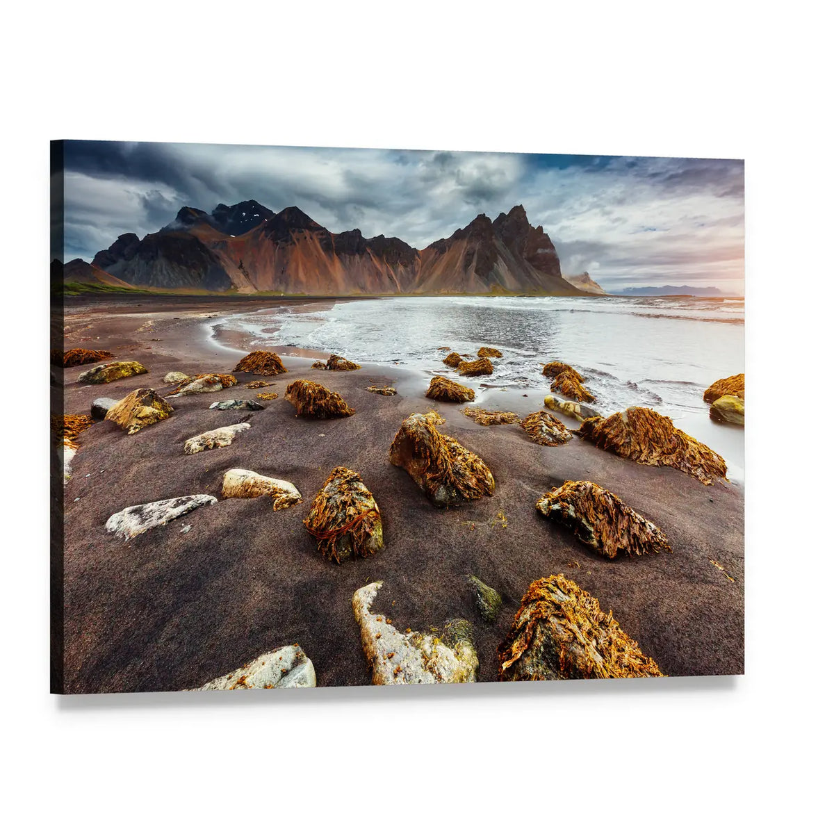 Black Sand Beach with Rocky Peaks Canvas Wall Art, single panel gallery wrapped canvas, angled product view