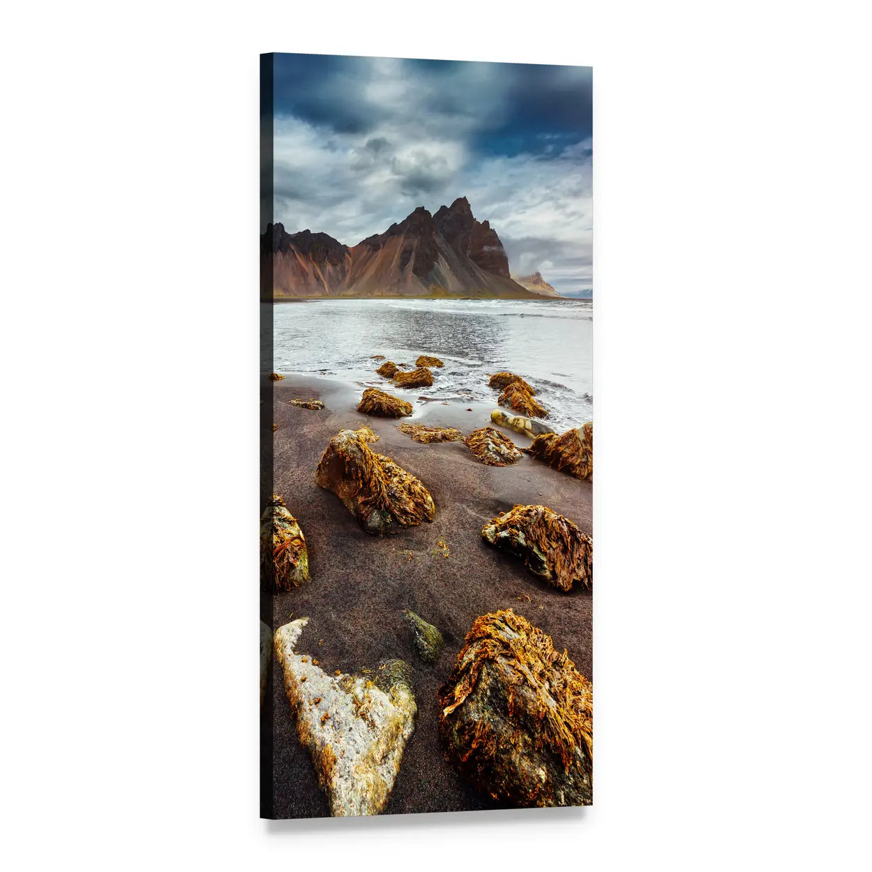 Vestrahorn Black Sand Beach Photograph Vertical Canvas Wall Art, 1 panel 1 Vertical layout gallery wrapped canvas set, angled product view