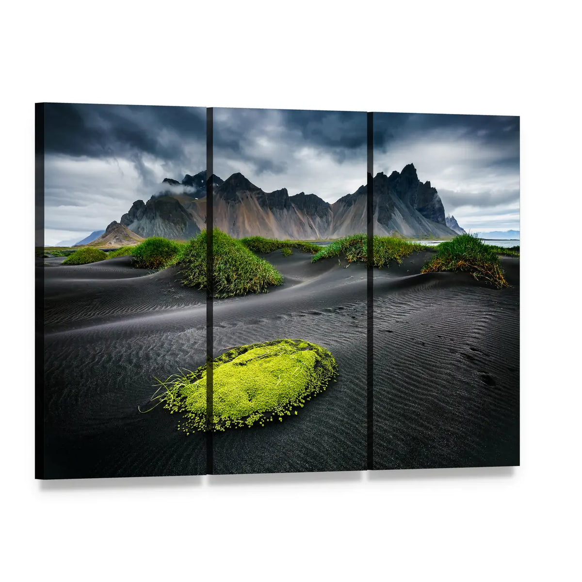 Wind-rippled Black Sand Dunes with Green Moss Canvas Wall Art, 3 panel 3 Horizontal layout gallery wrapped canvas set, angled product view