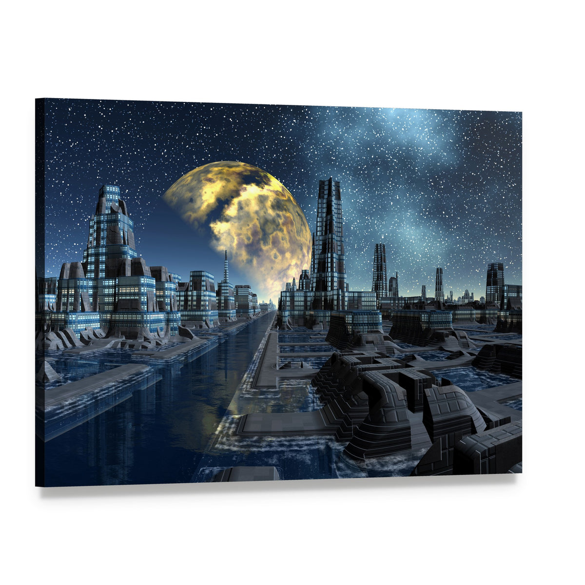 Futuristic Alien City Base Canvas Wall Art, single panel gallery wrapped canvas, angled product view