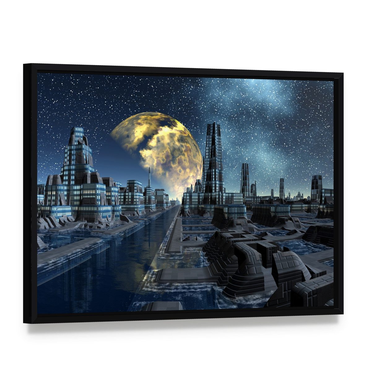 Futuristic Alien City Base Canvas Wall Art, framed canvas in a black floater frame, angled product view