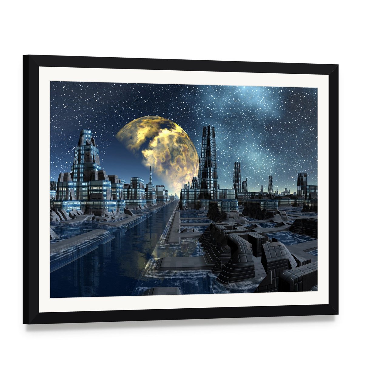 Futuristic Alien City Base Canvas Wall Art, framed print with white mat and black frame, angled product view