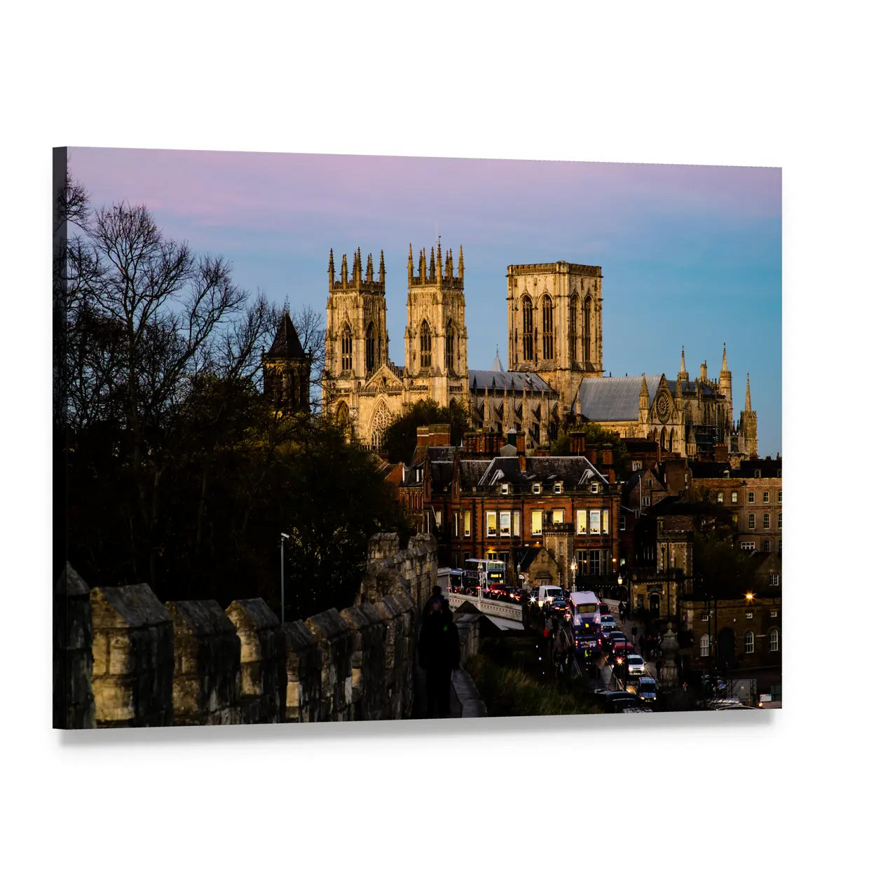 York Minster Gothic Cathedral at Dusk Canvas Wall Art, single panel gallery wrapped canvas, angled product view