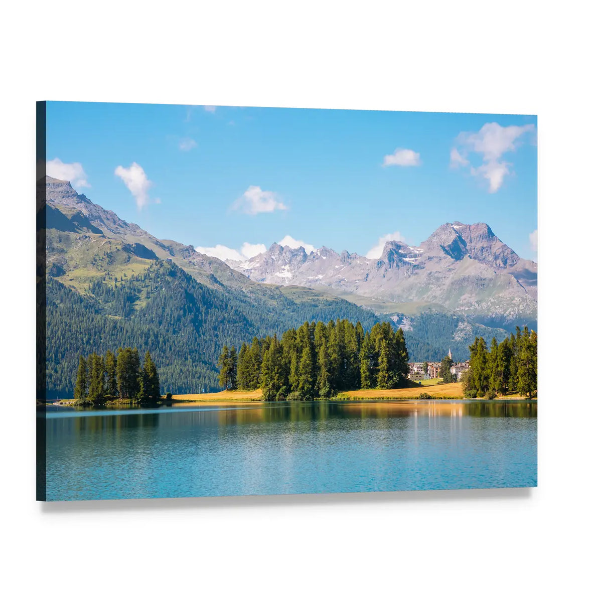 Azure Alpine Lake with Pine Reflections Canvas Wall Art, single panel gallery wrapped canvas, angled product view