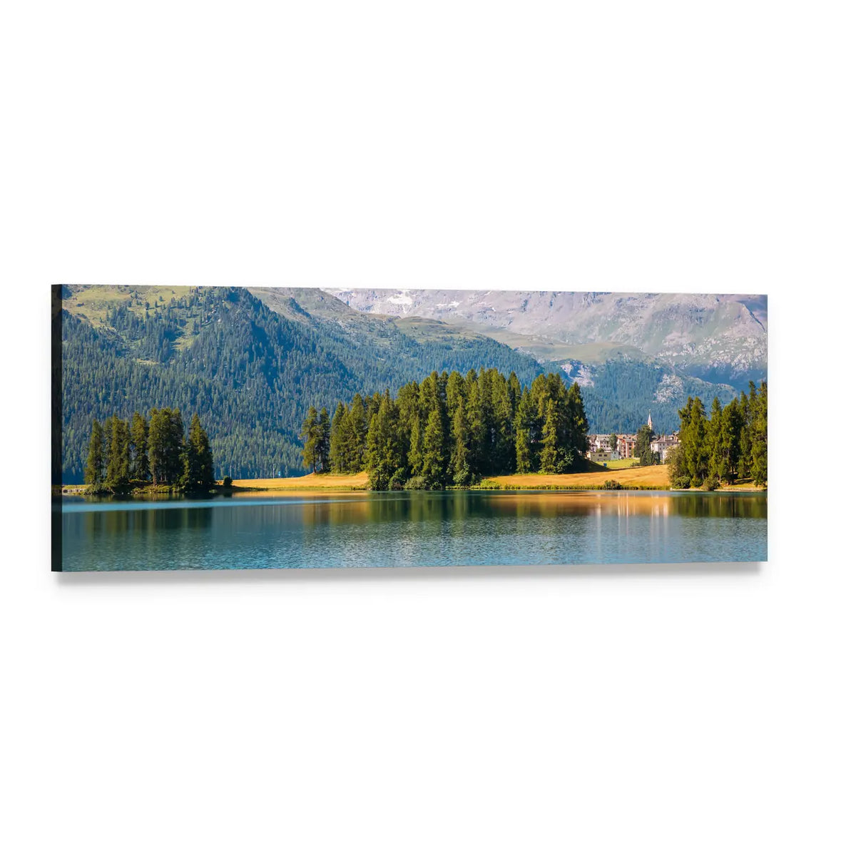Azure Alpine Lake with Mountain Reflections Panoramic Canvas Wall Art, single panel gallery wrapped canvas, angled product view