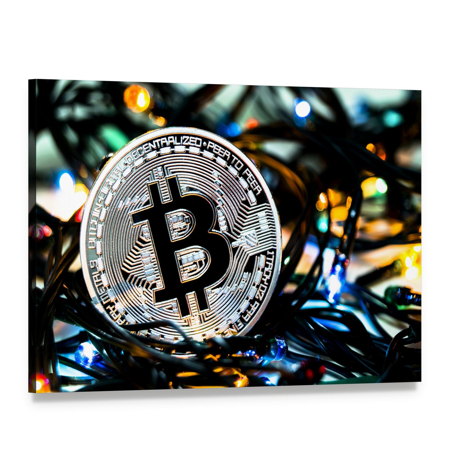 Silver Bitcoin Coin Close-up Canvas Wall Art, single panel gallery wrapped canvas, angled product view