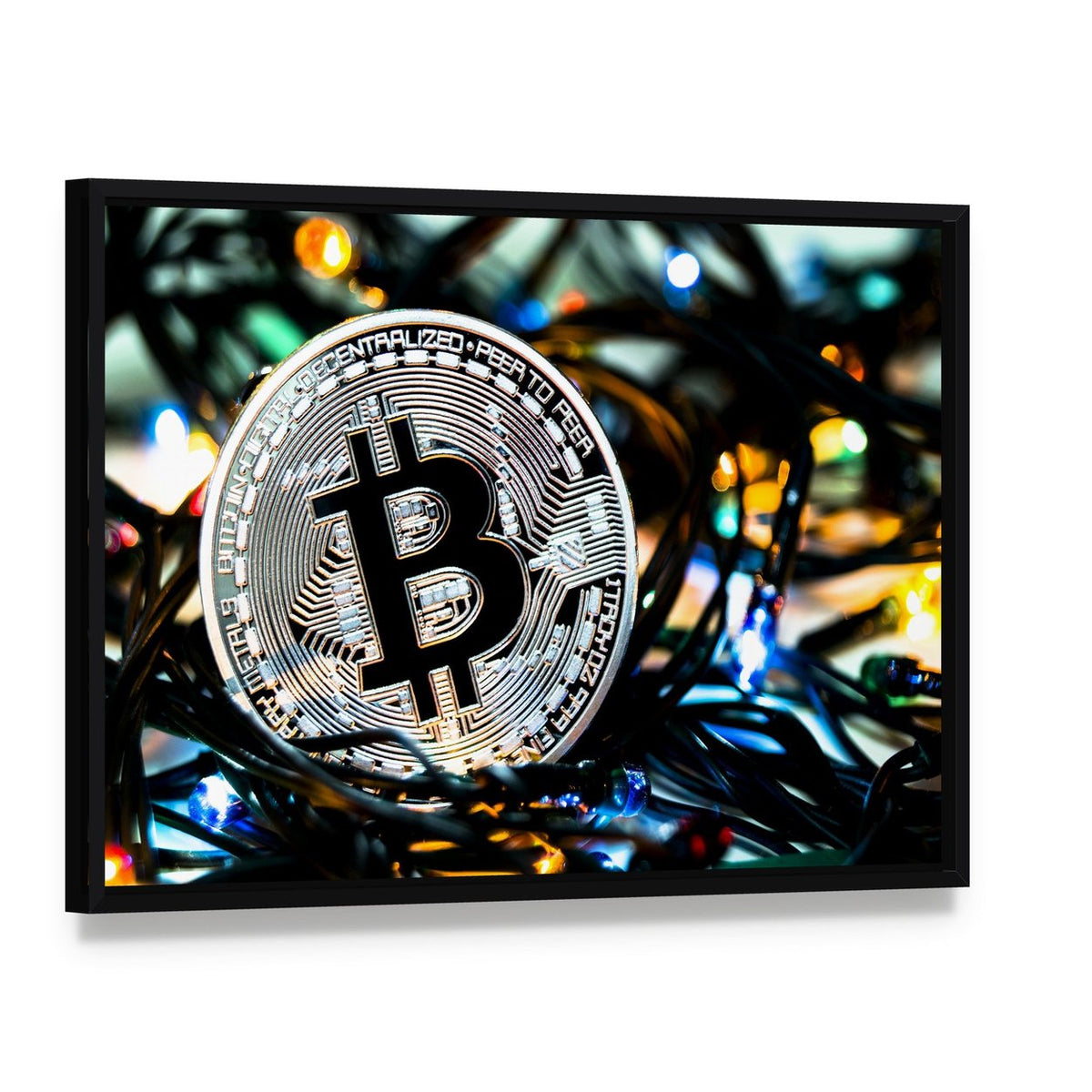 Silver Bitcoin Coin Close-up Canvas Wall Art, framed canvas in a black floater frame, angled product view