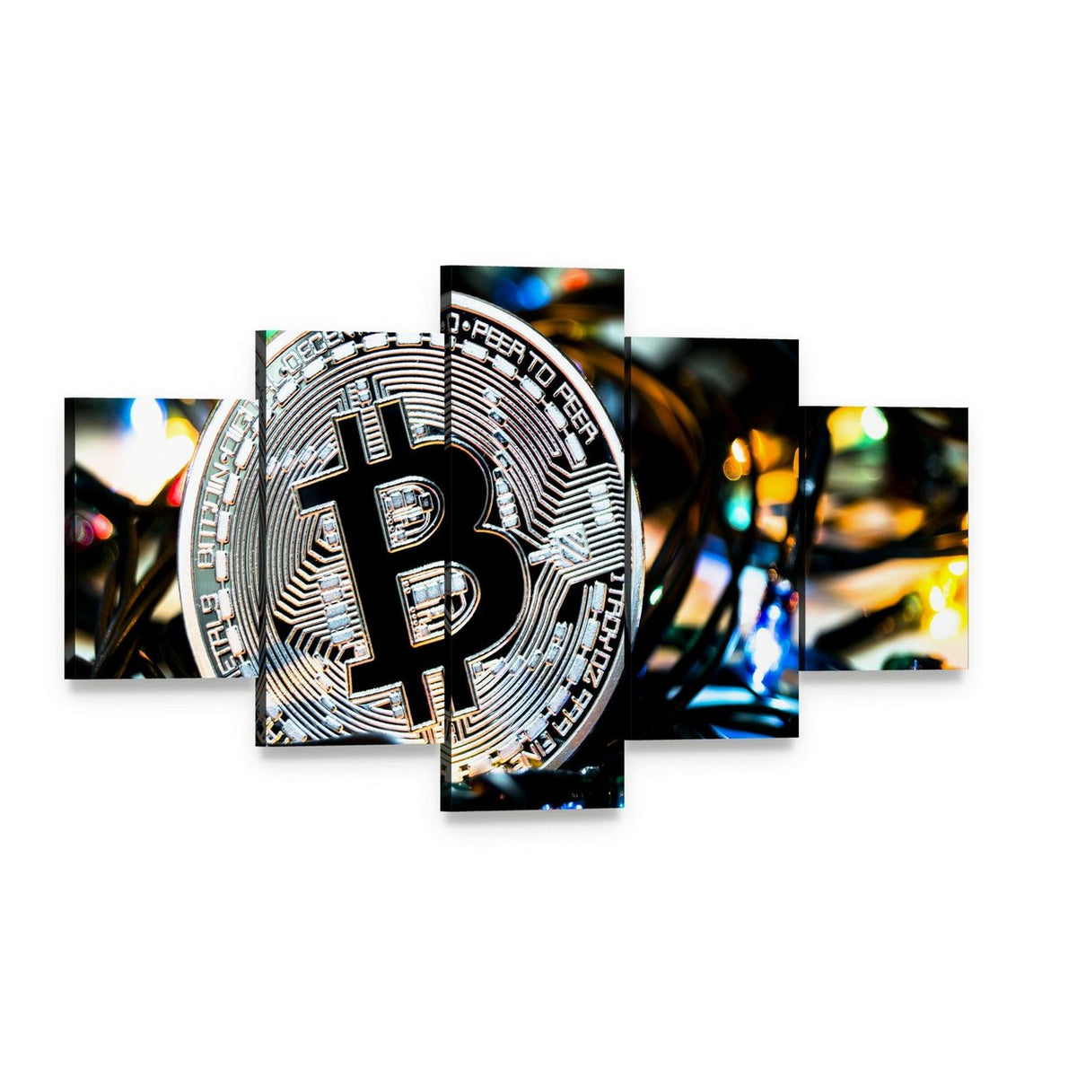 Silver Bitcoin Coin Close-up Canvas Wall Art, 5 panel 5 Star layout gallery wrapped canvas set, angled product view