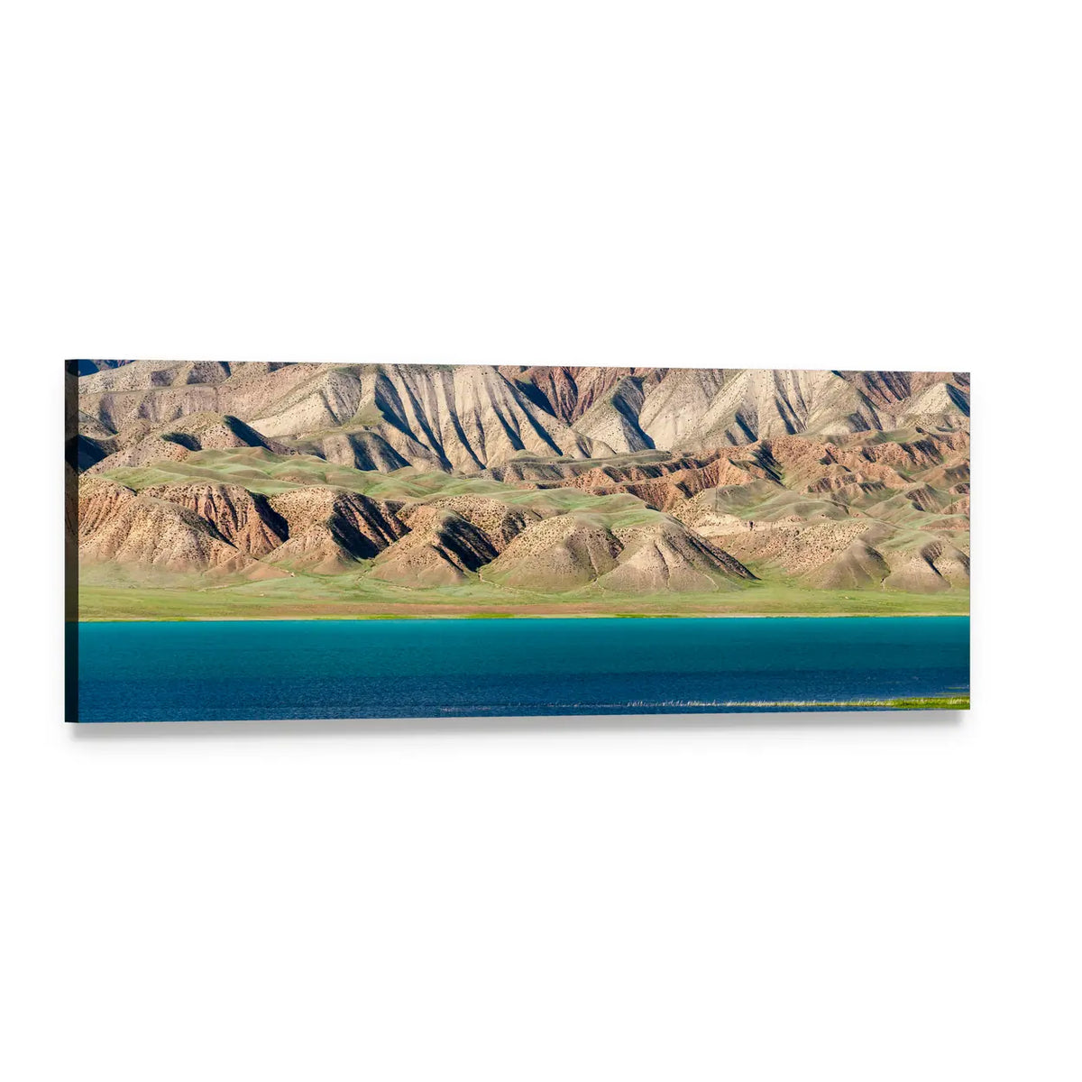 Toktogul Lake Kyrgyzstan Turquoise Mountain Landscape Panoramic Canvas Wall Art, single panel gallery wrapped canvas, angled product view