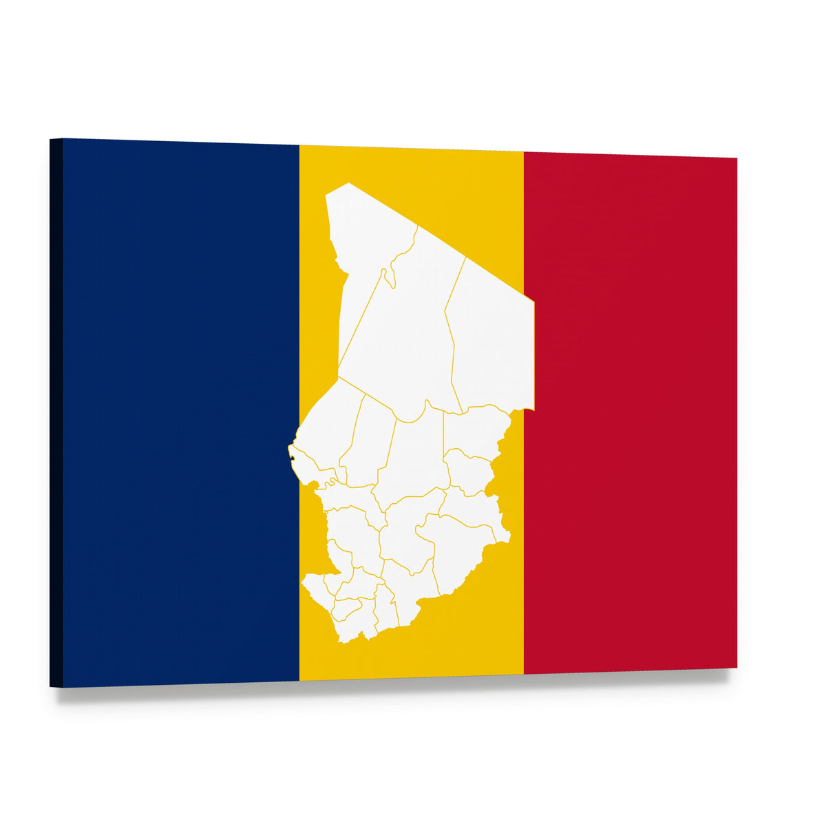Chad Map with Flag Background Canvas Wall Art, single panel gallery wrapped canvas, angled product view