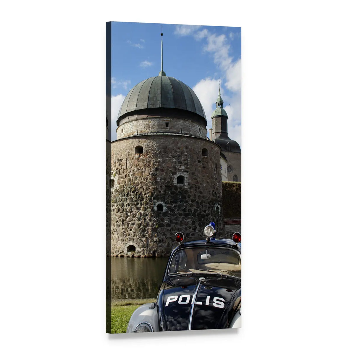 Vastervik Castle with Vintage Police Car Vertical Canvas Wall Art, 1 panel 1 Vertical layout gallery wrapped canvas set, angled product view