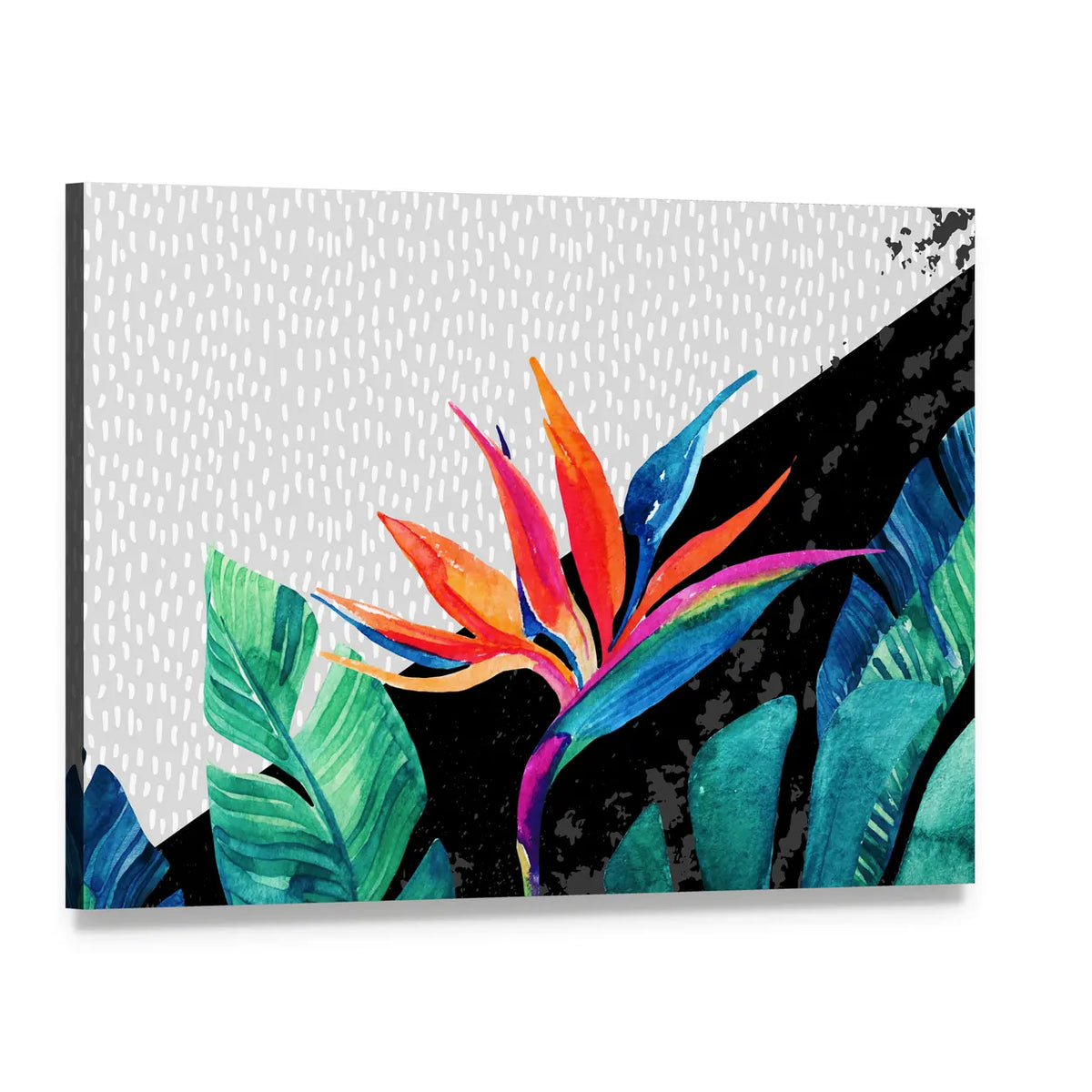 Tropical Minimalist Bird of Paradise and Monstera Canvas Wall Art, single panel gallery wrapped canvas, angled product view