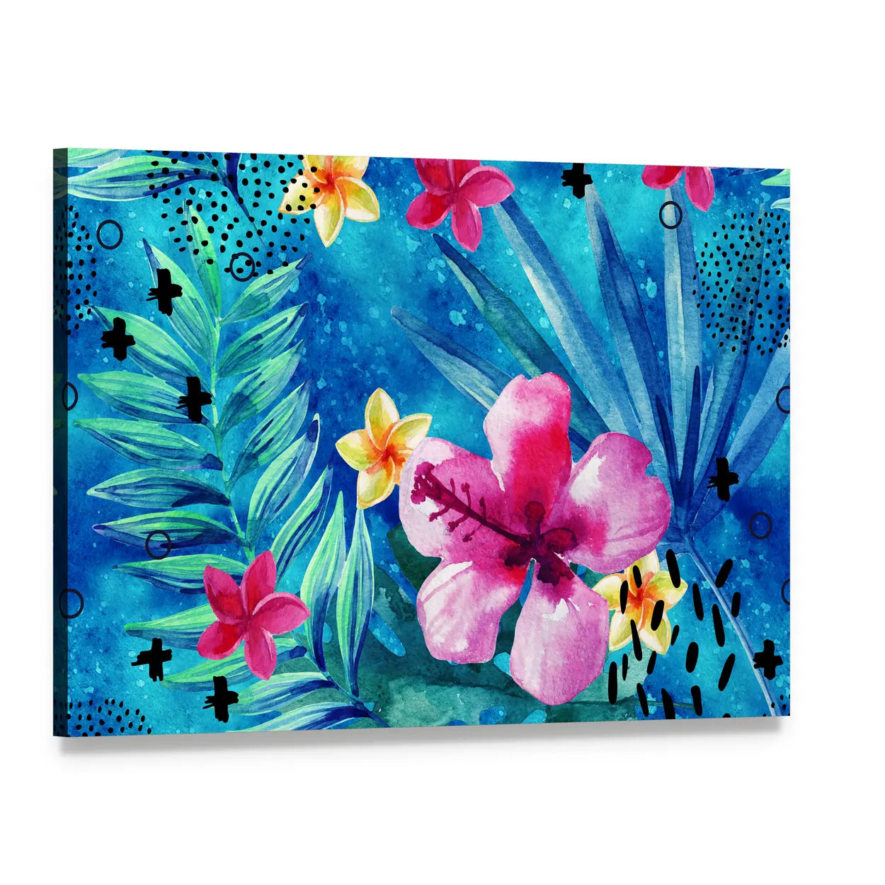 Tropical Hibiscus and Palm Leaf Pattern Canvas Wall Art, single panel gallery wrapped canvas, angled product view