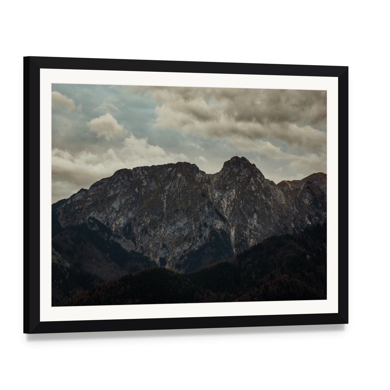 Giewont Peak in Tatra Mountains Canvas Wall Art, framed print with white mat and black frame, angled product view