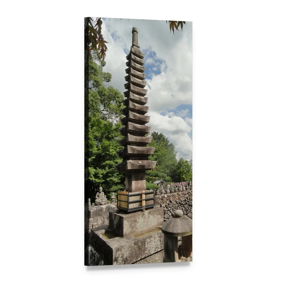 Japanese Stone Pagoda in Garden Vertical Canvas Wall Art, 1 panel 1 Vertical layout gallery wrapped canvas set, angled product view