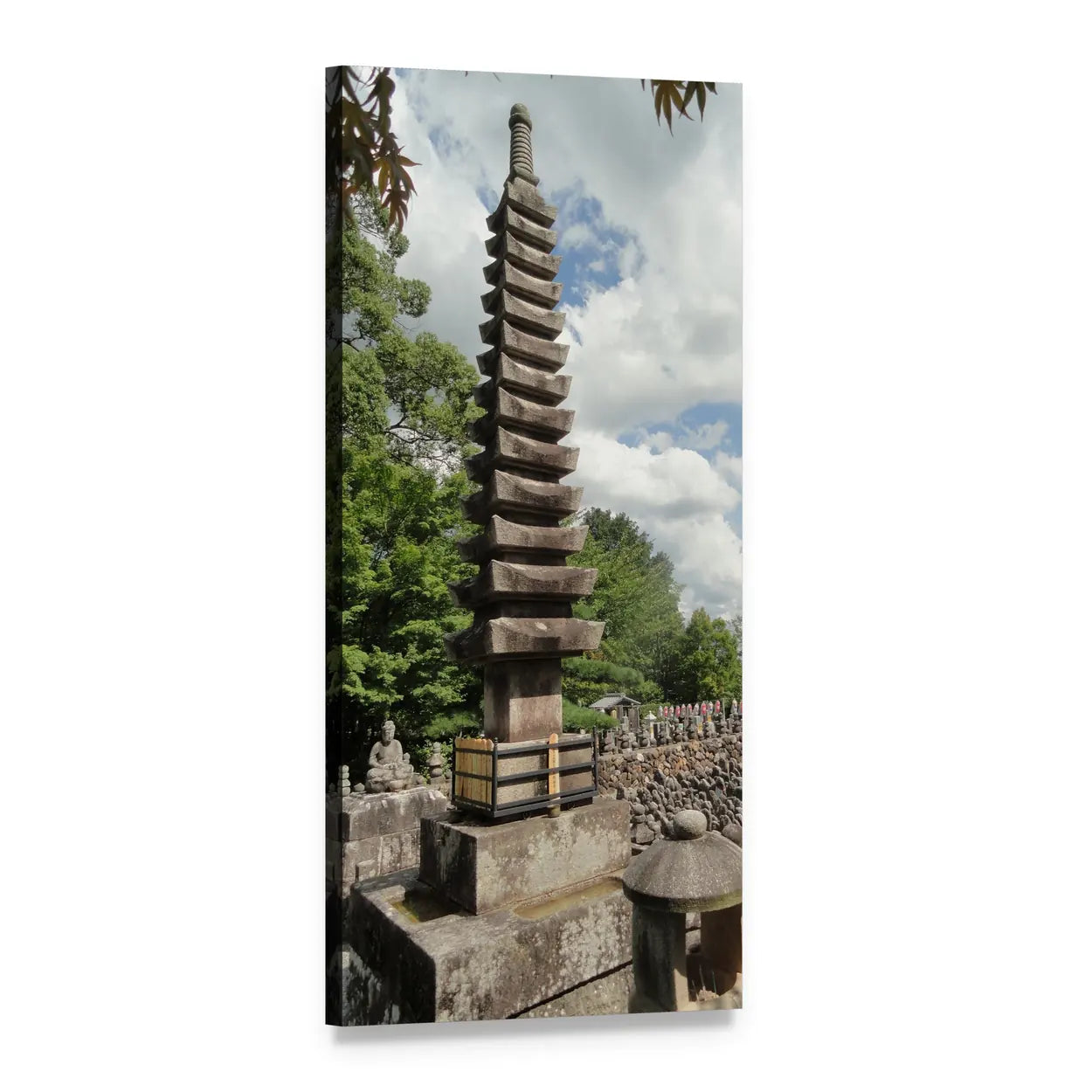 Japanese Stone Pagoda in Garden Vertical Canvas Wall Art, 1 panel 1 Vertical layout gallery wrapped canvas set, angled product view