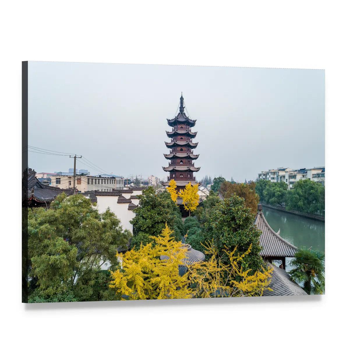Songjiang Sijing Pagoda Over Canal, Shanghai Canvas Wall Art, single panel gallery wrapped canvas, angled product view