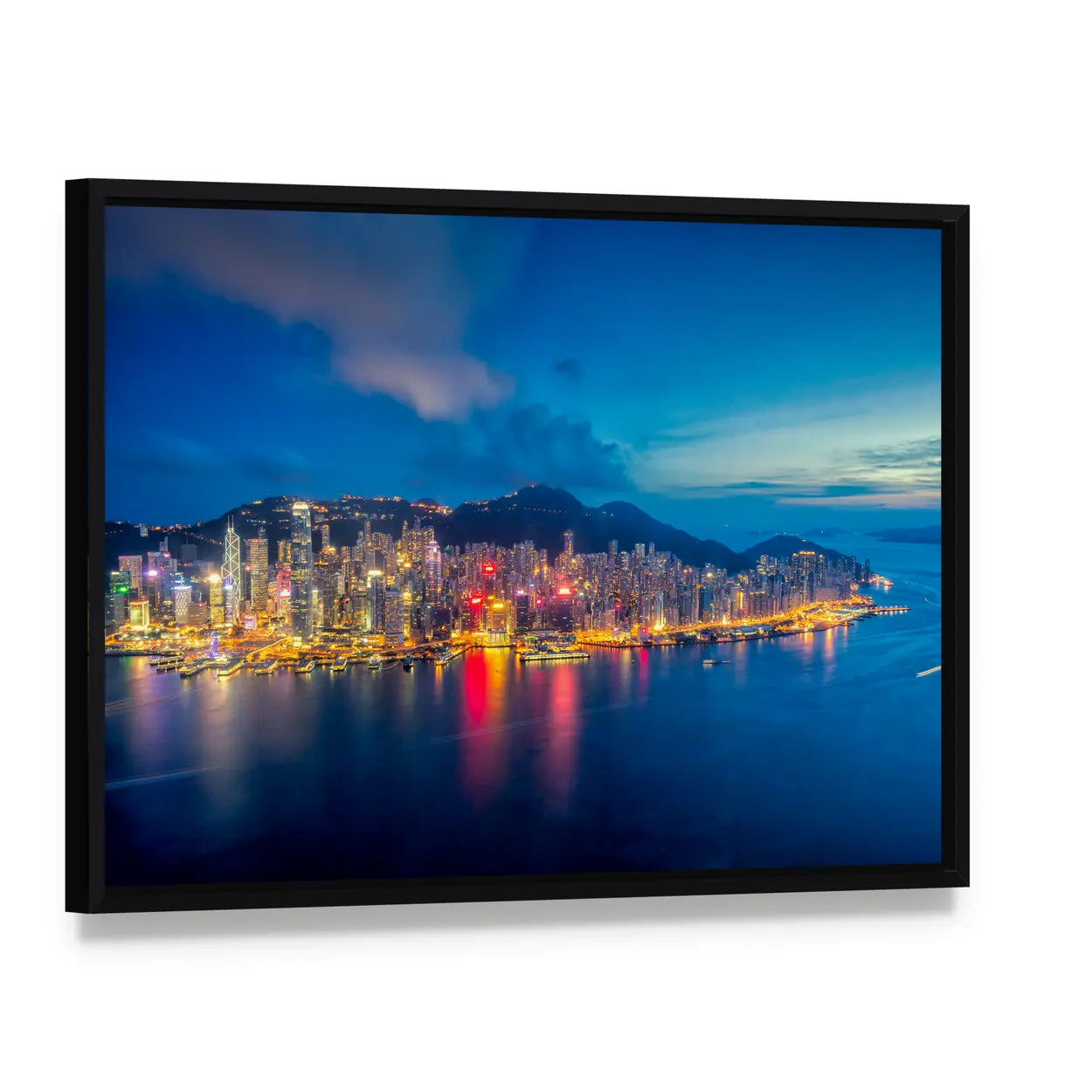 Hong Kong Skyline at Sunset Canvas Wall Art, framed canvas in a black floater frame, angled product view