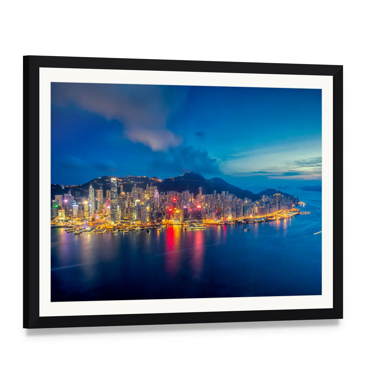 Hong Kong Skyline at Sunset Canvas Wall Art, framed print with white mat and black frame, angled product view