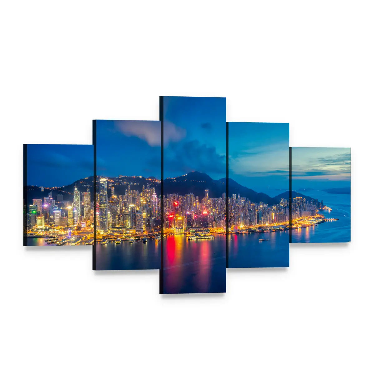 Hong Kong Skyline at Sunset Canvas Wall Art, 5 panel 5 Star layout gallery wrapped canvas set, angled product view