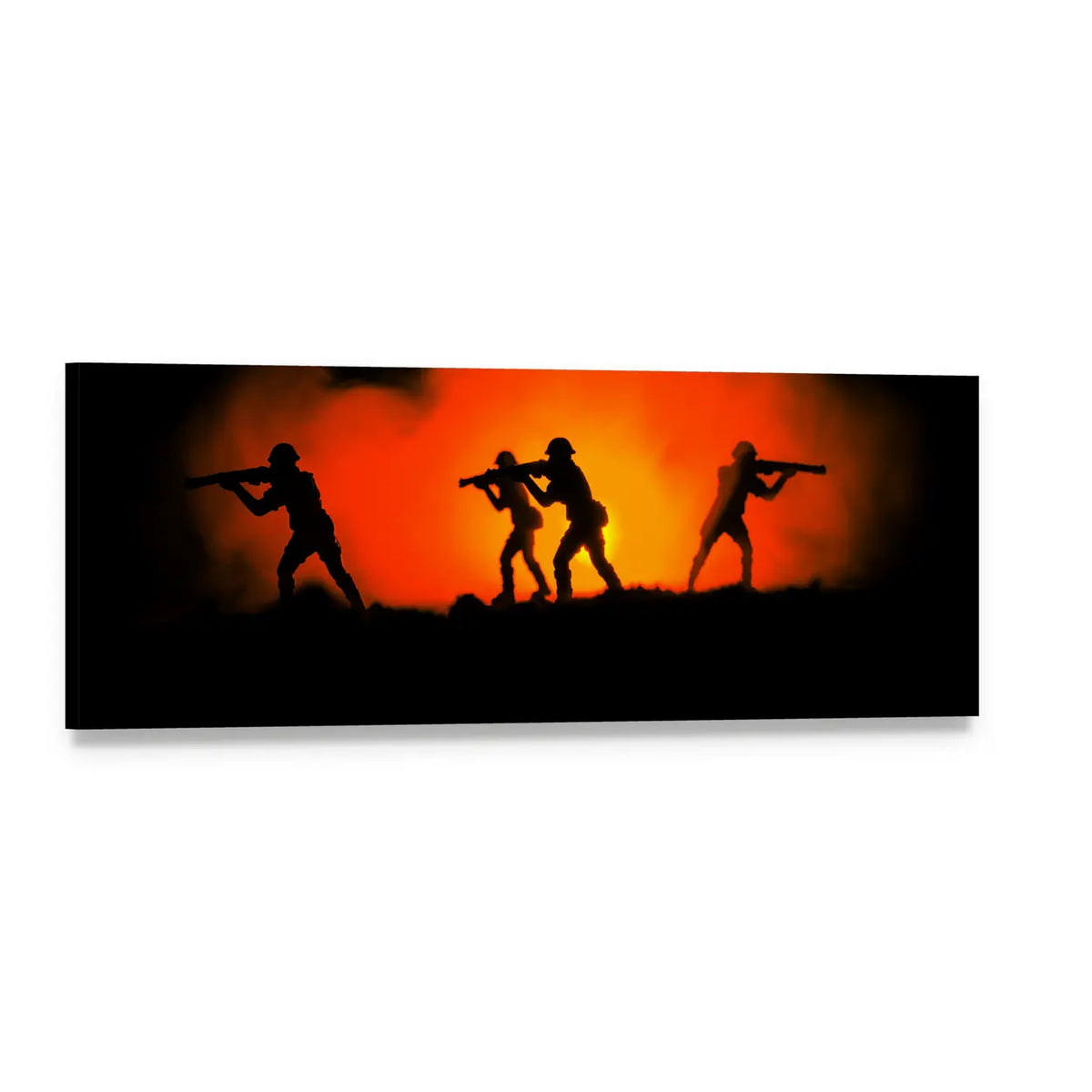 Four Silhouetted Soldiers with Rifles Panoramic Canvas Wall Art, single panel gallery wrapped canvas, angled product view