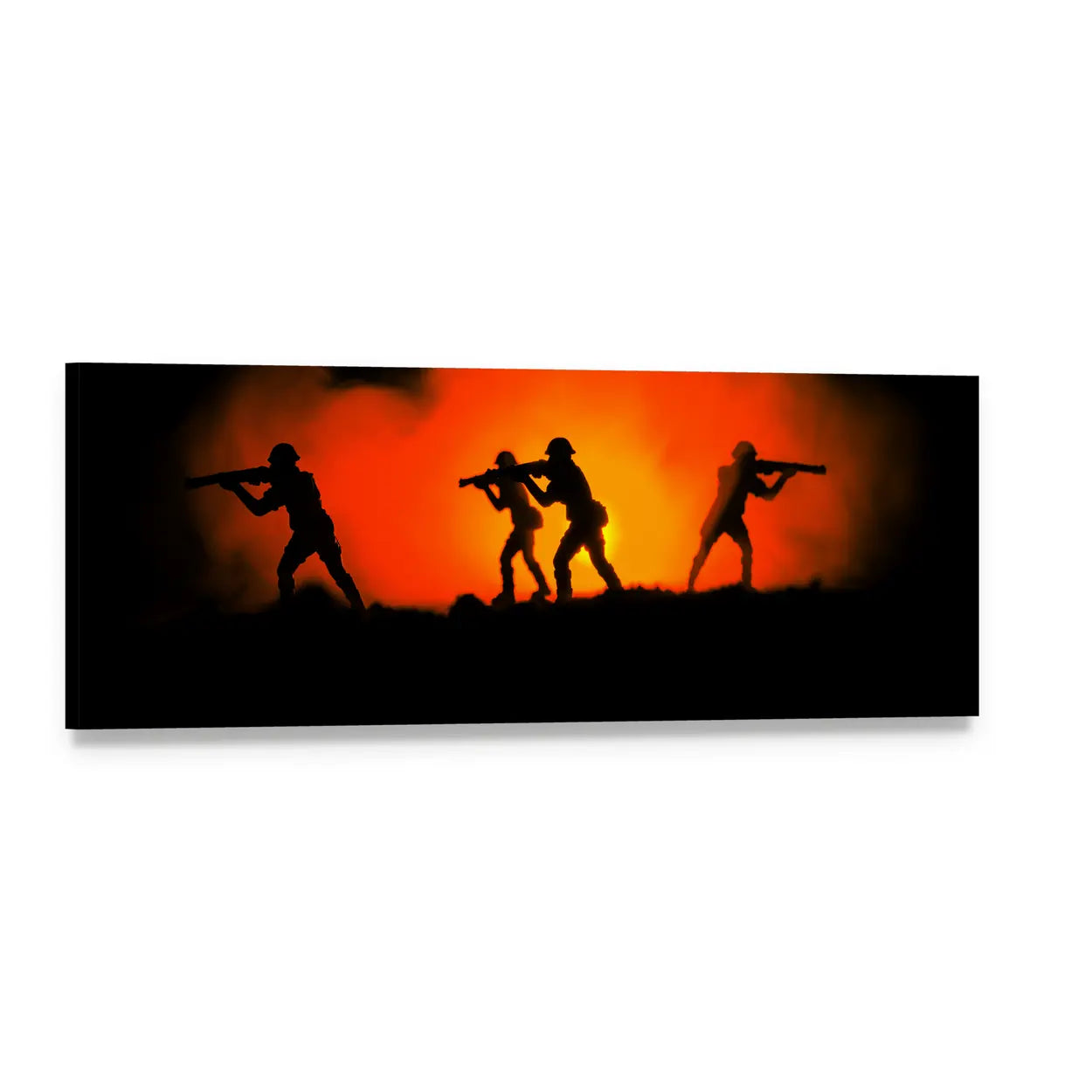 Four Silhouetted Soldiers with Rifles Panoramic Canvas Wall Art, single panel gallery wrapped canvas, angled product view