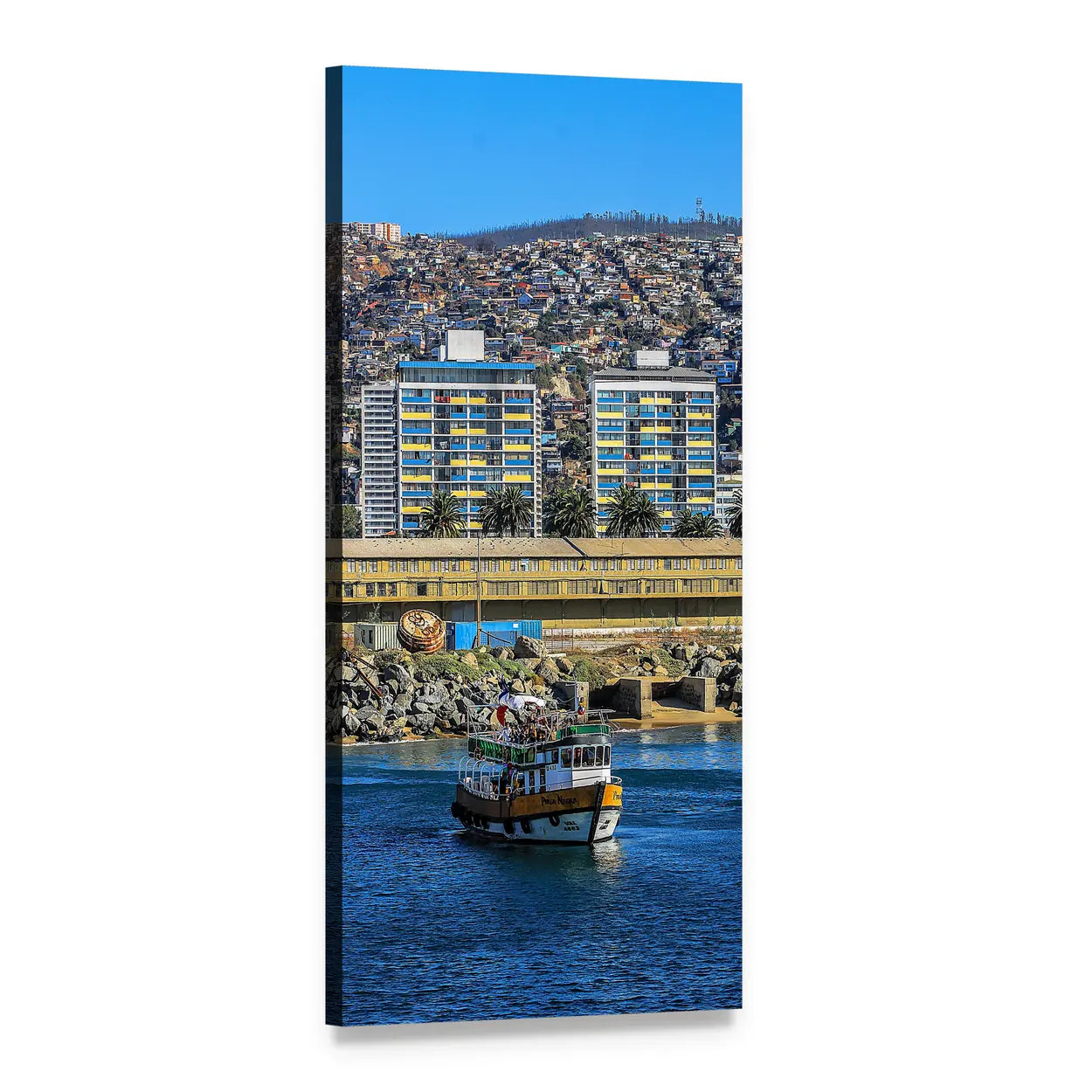 Tour Boat by Colorful Hillside Vertical Canvas Wall Art, 1 panel 1 Vertical layout gallery wrapped canvas set, angled product view