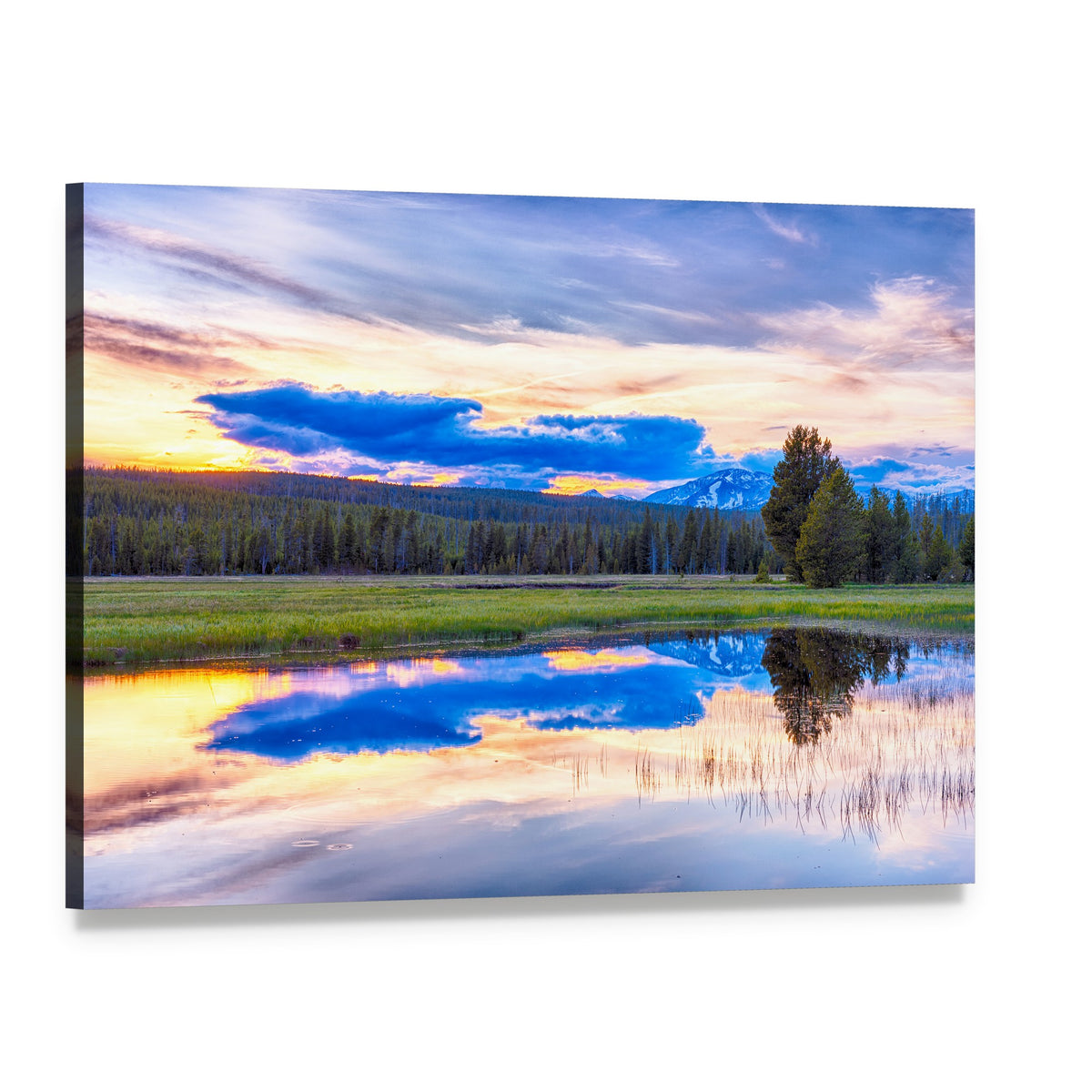Yellowstone Sunset Over Lake and Mountains Canvas Wall Art, single panel gallery wrapped canvas, angled product view