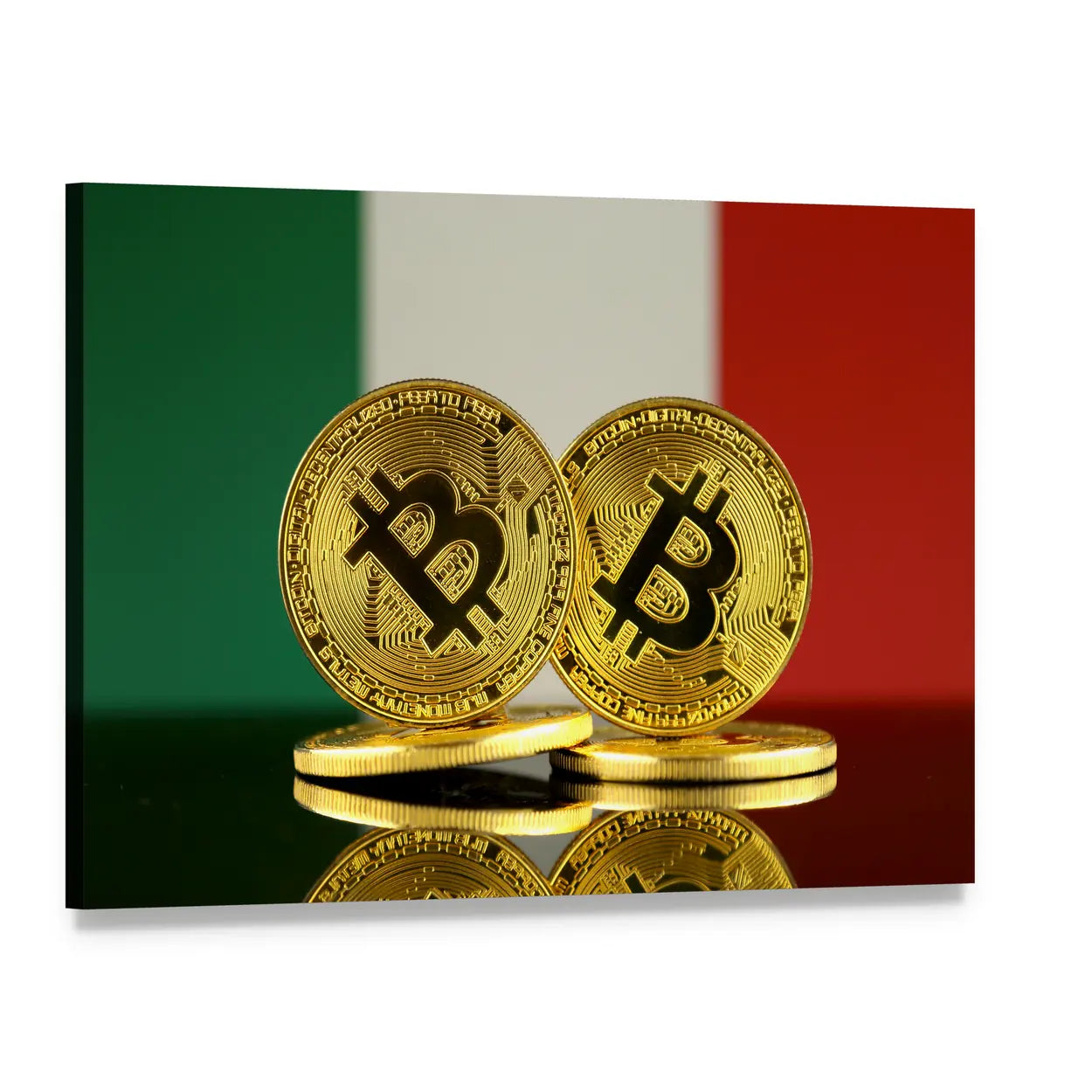 Gold Bitcoin Coins on Italian Flag Canvas Wall Art, single panel gallery wrapped canvas, angled product view