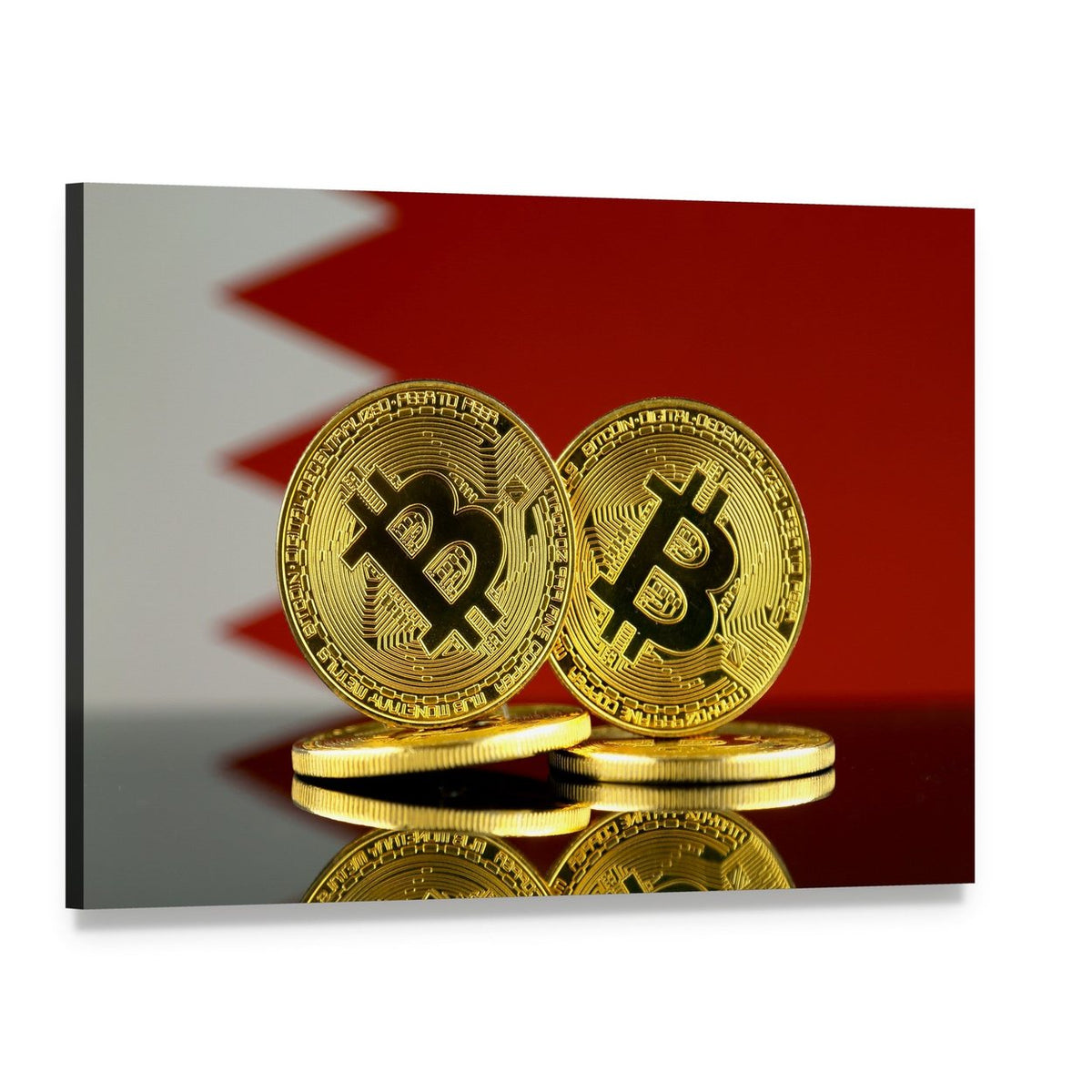 Two Bitcoin Coins Over Bahrain Flag Canvas Wall Art, single panel gallery wrapped canvas, angled product view
