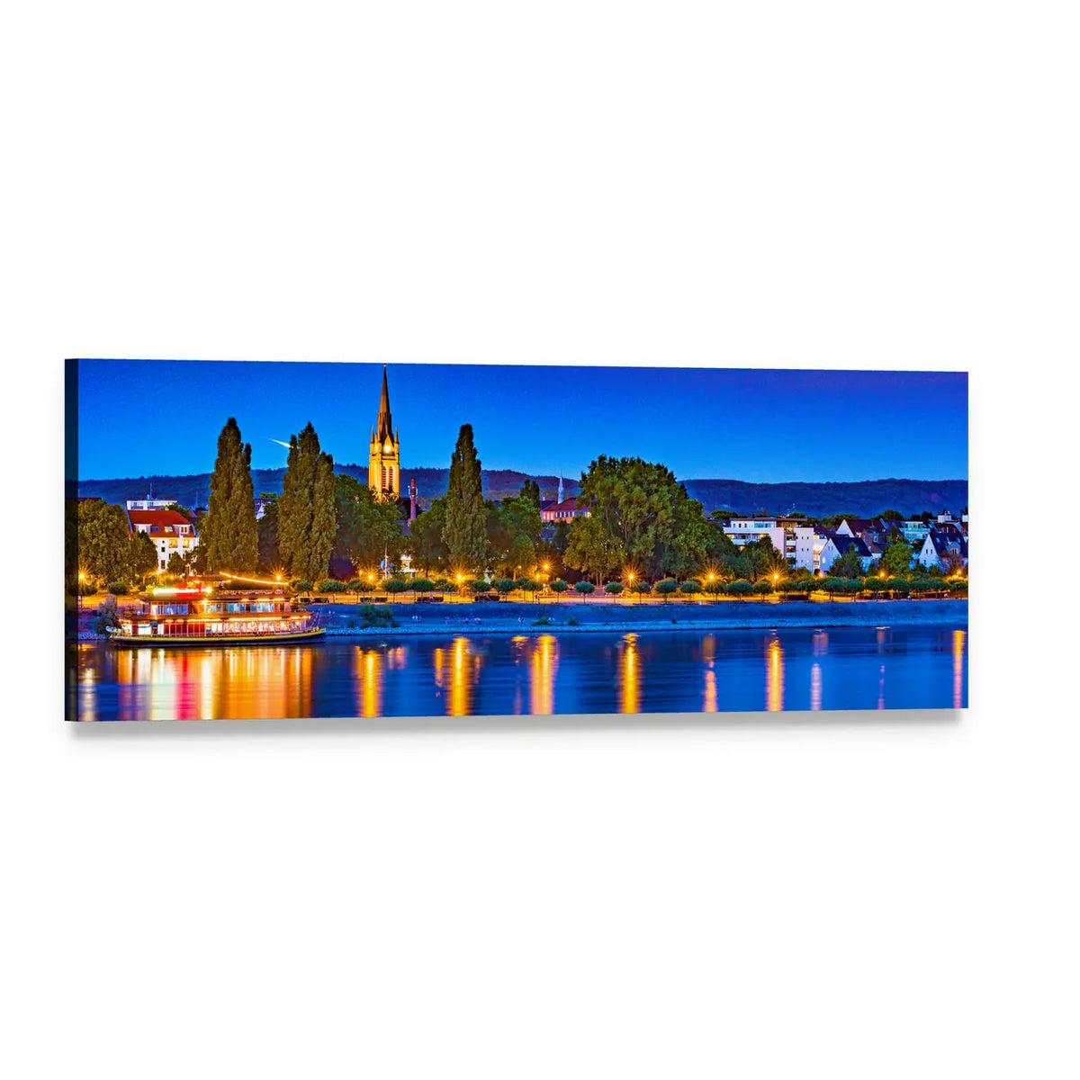 Bonn Riverfront Skyline at Dusk Panoramic Canvas Wall Art, single panel gallery wrapped canvas, angled product view