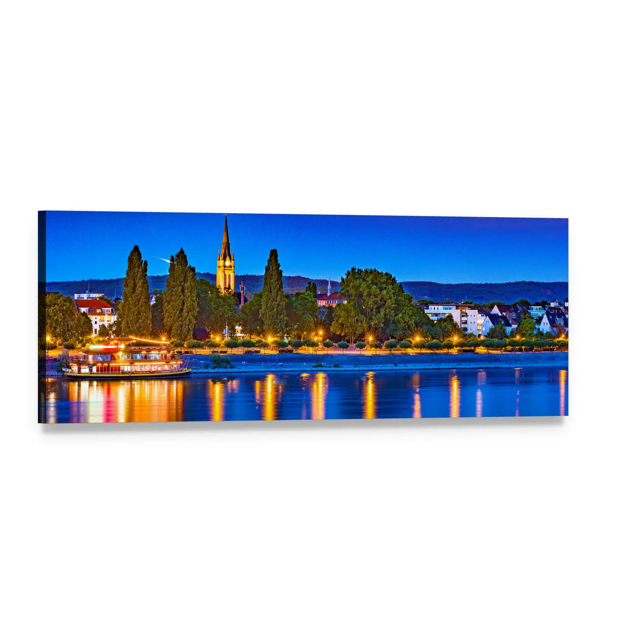 Bonn Riverfront Skyline at Dusk Panoramic Canvas Wall Art, single panel gallery wrapped canvas, angled product view